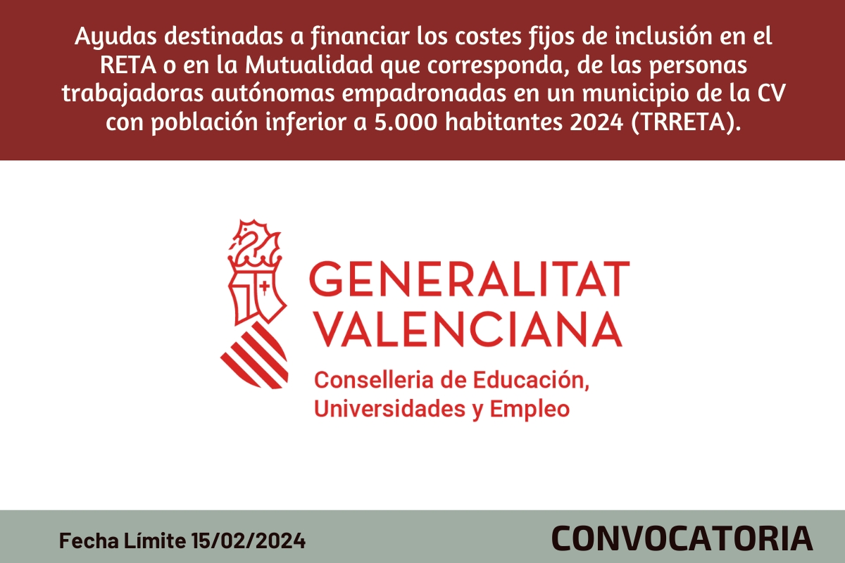 Ayudas para costes fijos de inclusión en RETA para autónomos de municipios de menos de 5000 habitantes de Comunitat Valenciana